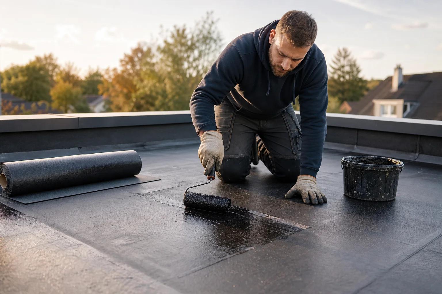 Ein Handwerker dichtet ein Flachdach ab.