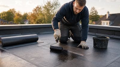 Ein Handwerker dichtet ein Flachdach ab.