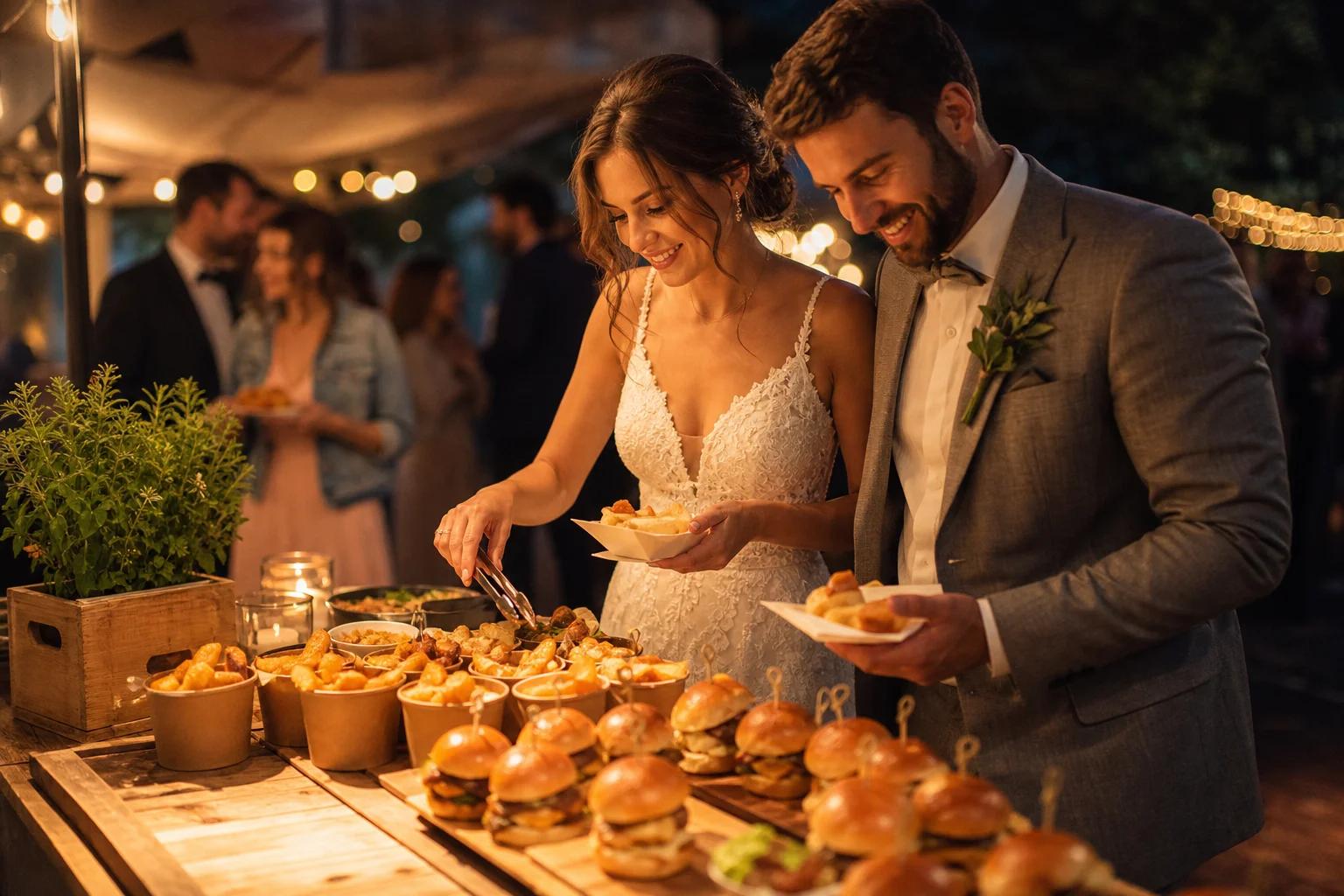 Brautpaar bedient sich abends an einem Mitternachtsbuffet mit Mini-Burgern und Kartoffelsnacks