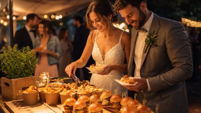 Brautpaar bedient sich abends an einem Mitternachtsbuffet mit Mini-Burgern und Kartoffelsnacks