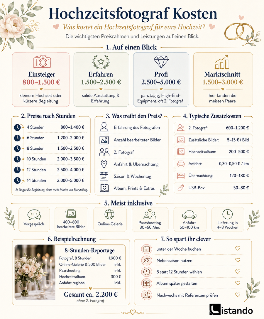 Eine Infografik die aufschlüsselt, was ein Hochzeitsfotograf kosten könnte.
