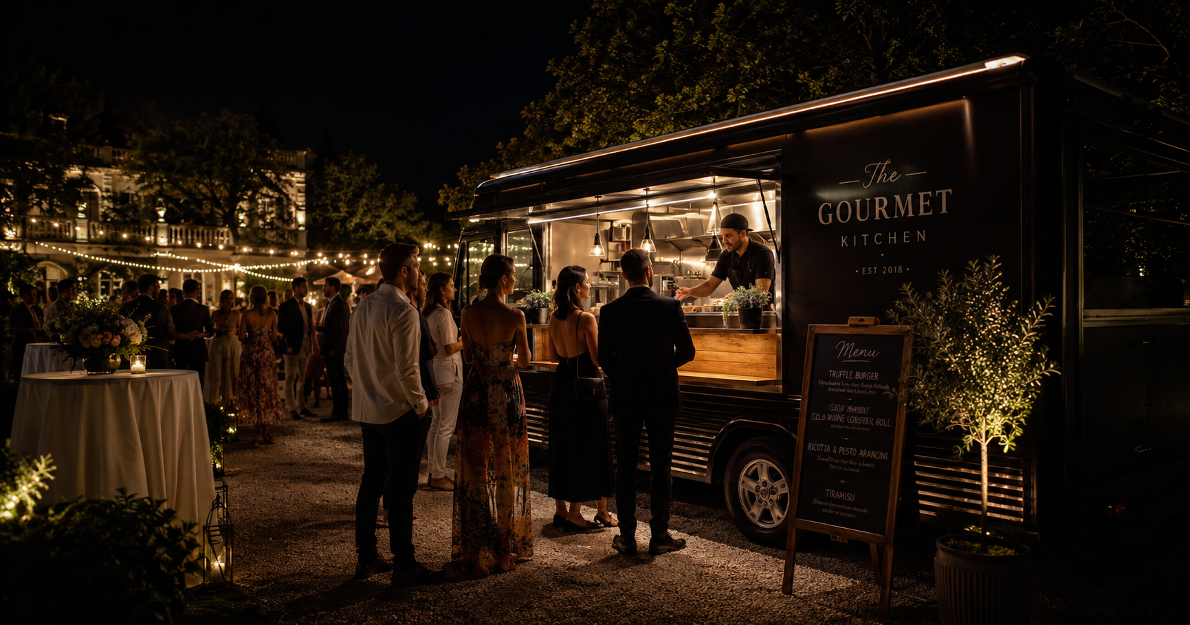 Leute stehen spätabends auf einer pompösen Privatfeier vor einem schwarzen Foodtruck um ihr Essen zu bekommen.