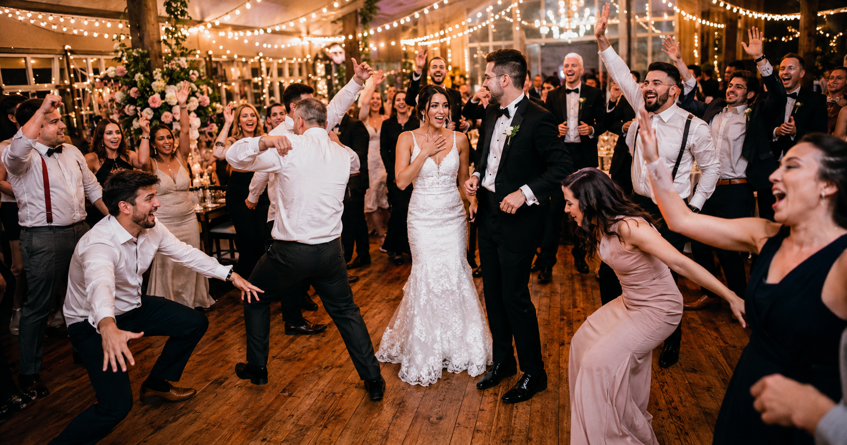 Ein Hochzeitspaar ist umgeben von Gästen, die einen Flashmob gestartet haben und wild tanzen.