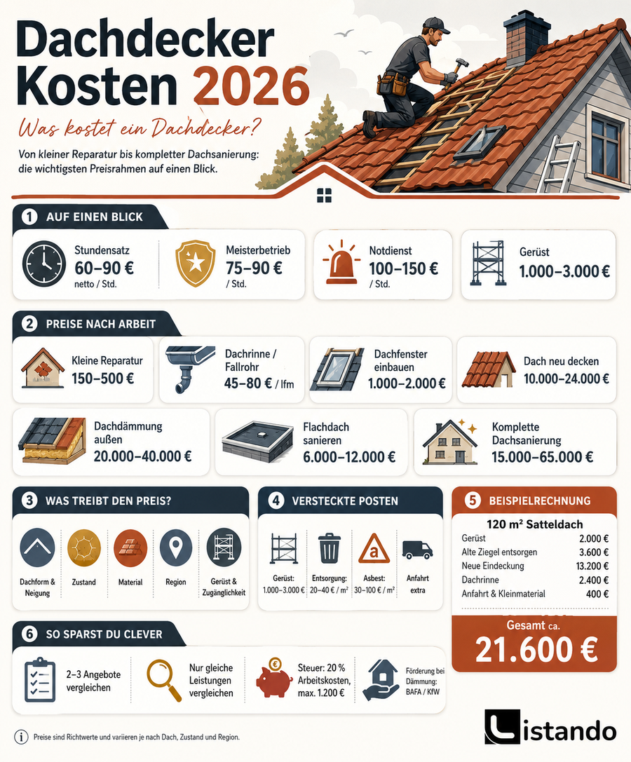 Eine Infografik die aufschlüsselt, was Dachdecker kosten.