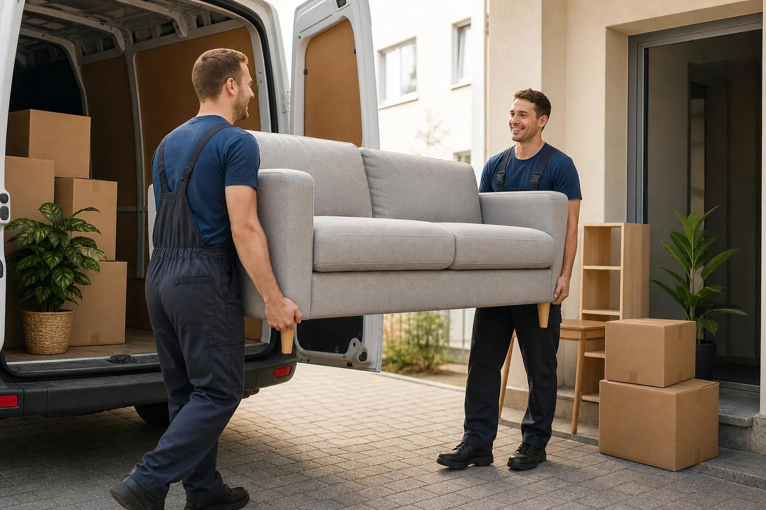 Zwei Umzugshelfer tragen ein graues Sofa aus einem Transporter zu einem Hauseingang. Daneben stehen Umzugskartons.