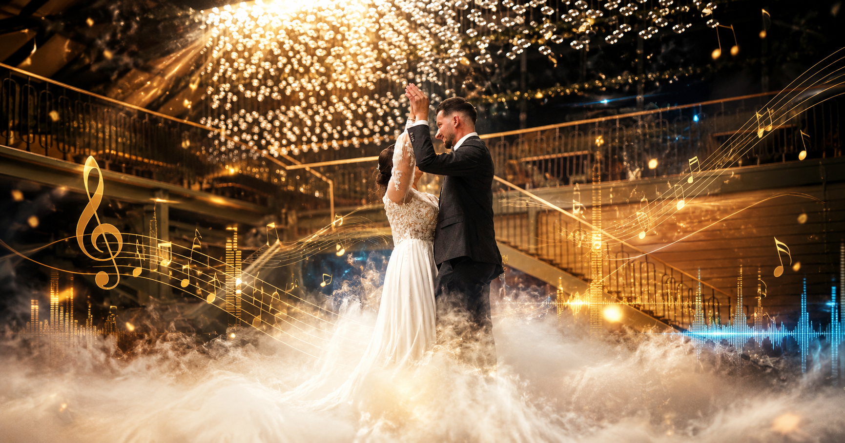 Ein Hochzeitspaar tanzt im Nebel, Musik spielt, dargestellt als Noten und Schallwellen.