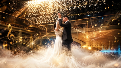 Ein Hochzeitspaar tanzt im Nebel, Musik spielt, dargestellt als Noten und Schallwellen.