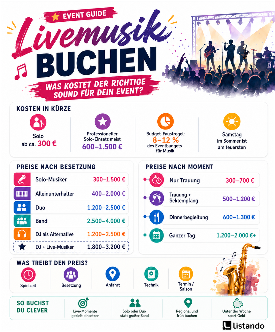 Eine Infografik die auflistet, was bei der Buchung einer Liveband zu beachten ist.