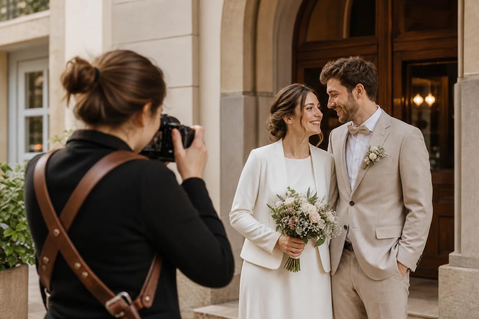 Fotografin fotografiert ein Brautpaar vor dem Eingang eines Gebäudes