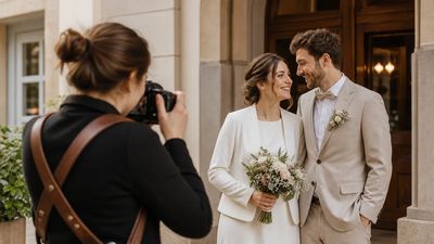 Fotografin fotografiert ein Brautpaar vor dem Eingang eines Gebäudes