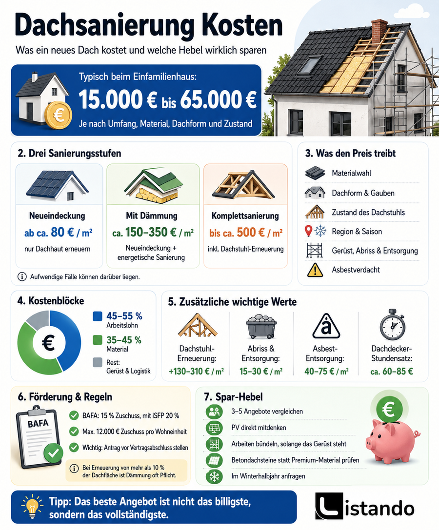 Eine Infografik die aufzeigt, was eine Dachsanierung kosten könnte.