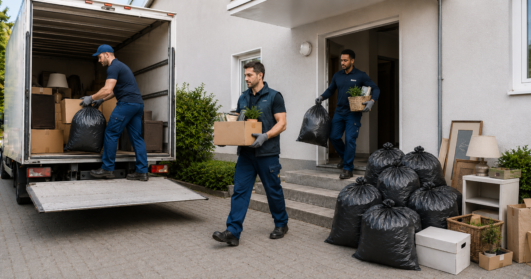 Drei Männer in Arbeitskleidung gehen aus einer Haustür raus und tragen Müllsäcke und Kartons.