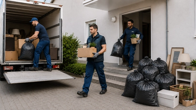 Drei Männer in Arbeitskleidung gehen aus einer Haustür raus und tragen Müllsäcke und Kartons.