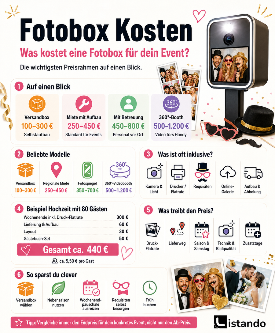 Eine Infografik über die Kosten einer Fotobox für ein Event.