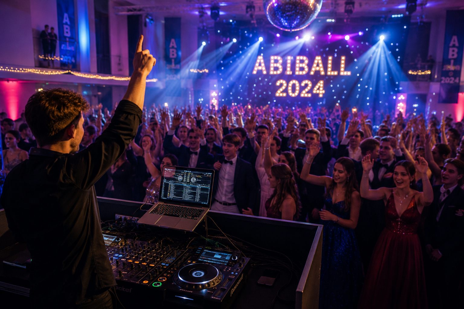 Das Bild stellt einen DJ dar, welcher auf einem Abiball spielt.