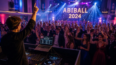 Das Bild stellt einen DJ dar, welcher auf einem Abiball spielt.