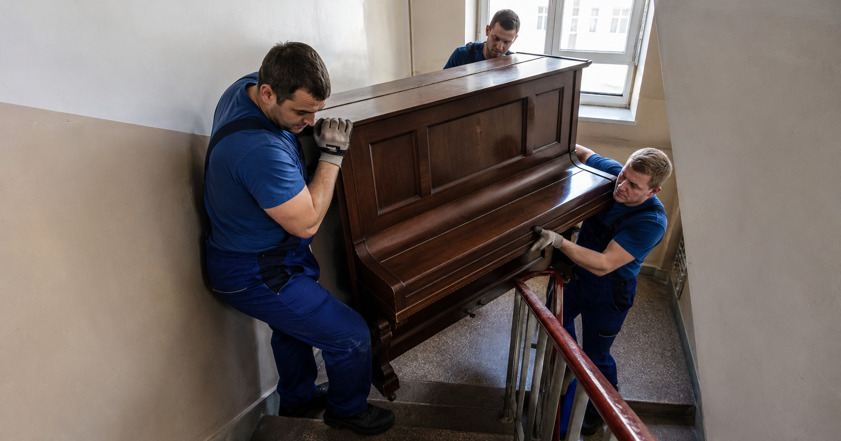 Drei Männer transportieren ein Klavier im Treppenhaus.