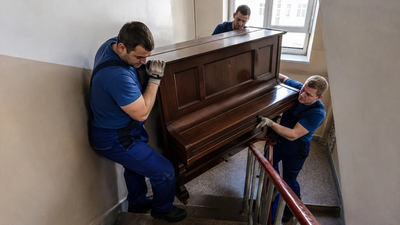 Drei Männer transportieren ein Klavier im Treppenhaus.