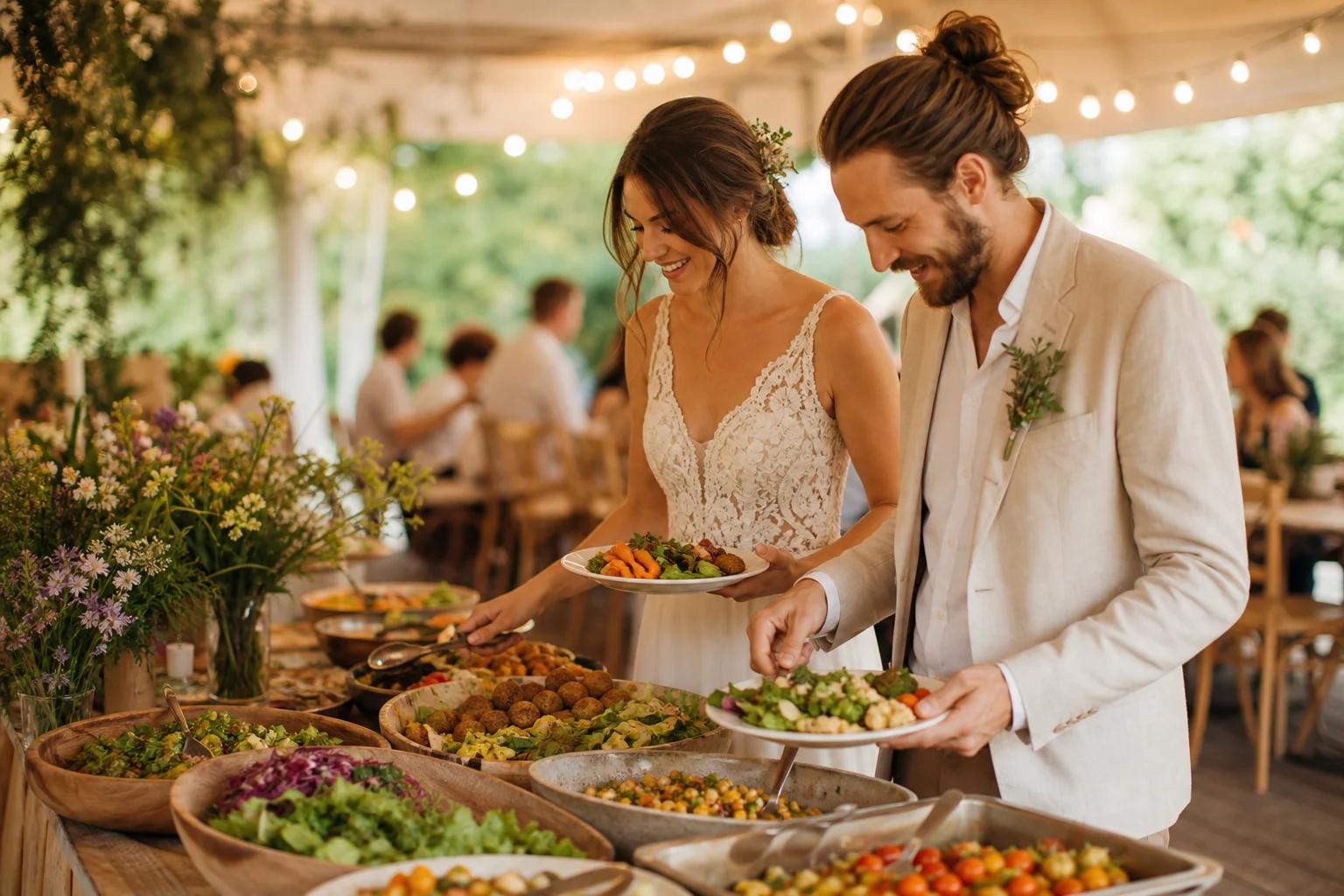 Brautpaar bedient sich an einem farbenfrohen Buffet mit Salaten und Gemüsegerichten