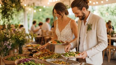Brautpaar bedient sich an einem farbenfrohen Buffet mit Salaten und Gemüsegerichten