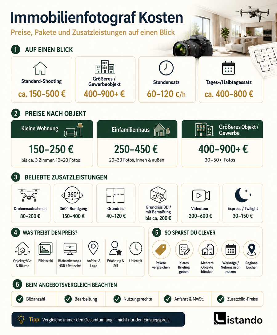 Eine Infografik die aufschlüsselt, was ein Immobilienfotograf kostet.
