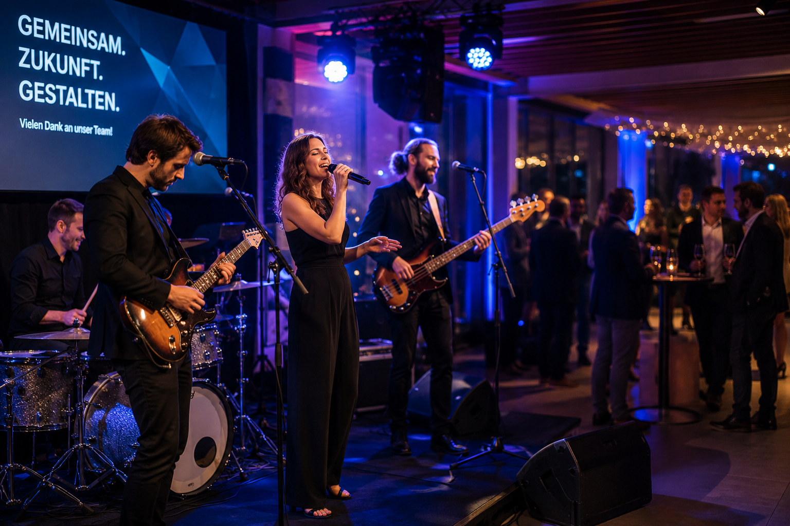 Eine Band spielt mit Gitarre und Bass auf einer Firmenveranstaltung