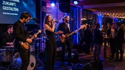 Eine Band spielt mit Gitarre und Bass auf einer Firmenveranstaltung