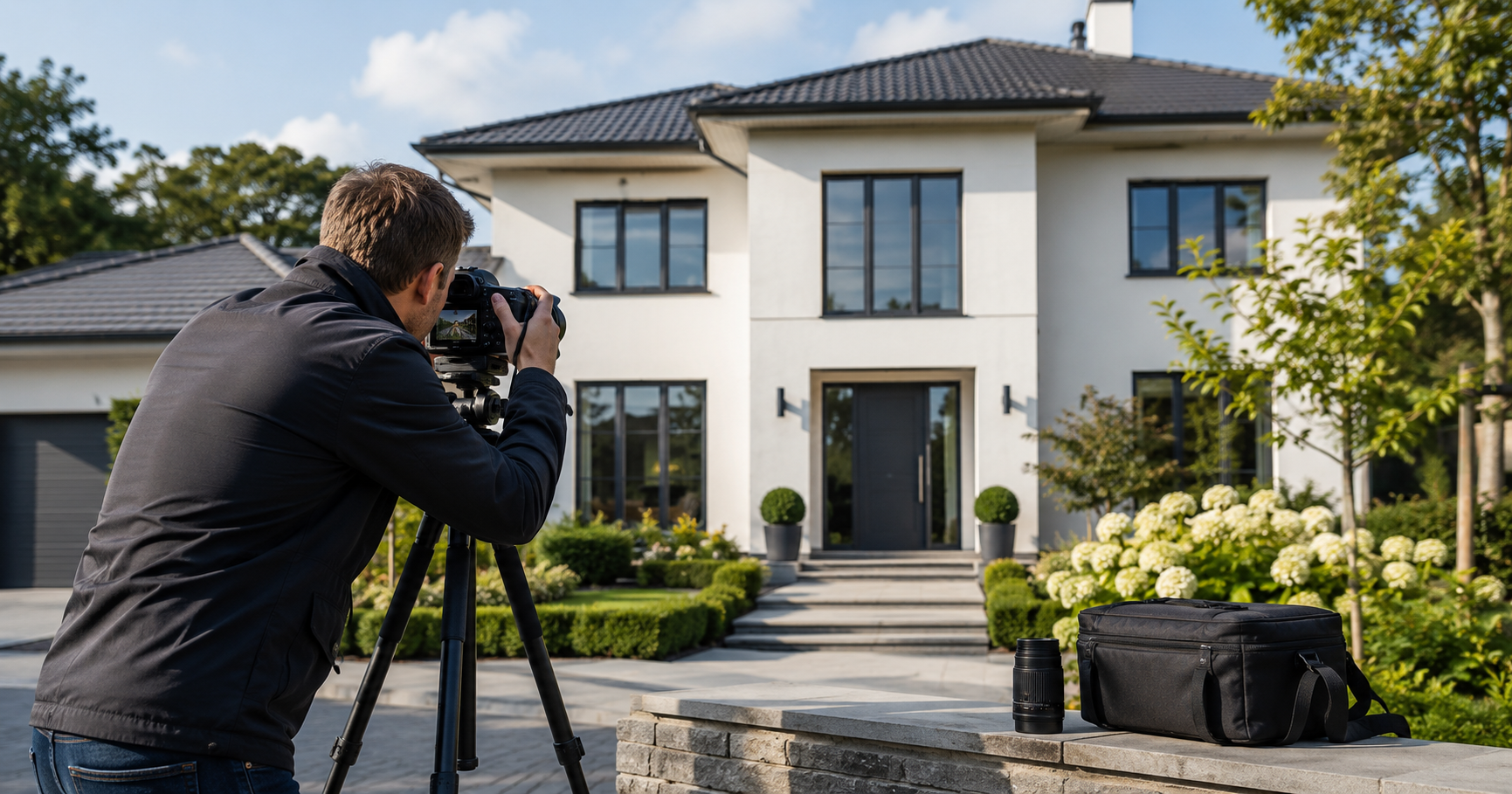 Ein Immobilienfotograf fotografiert ein großes, weiß angestrichenes Haus.