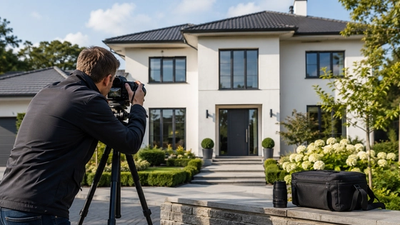 Ein Immobilienfotograf fotografiert ein großes, weiß angestrichenes Haus.