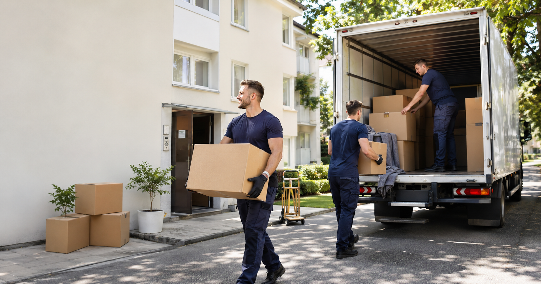 Einige Männer tragen Umzugskartons und verladen sie in einen LKW.