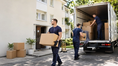 Einige Männer tragen Umzugskartons und verladen sie in einen LKW.